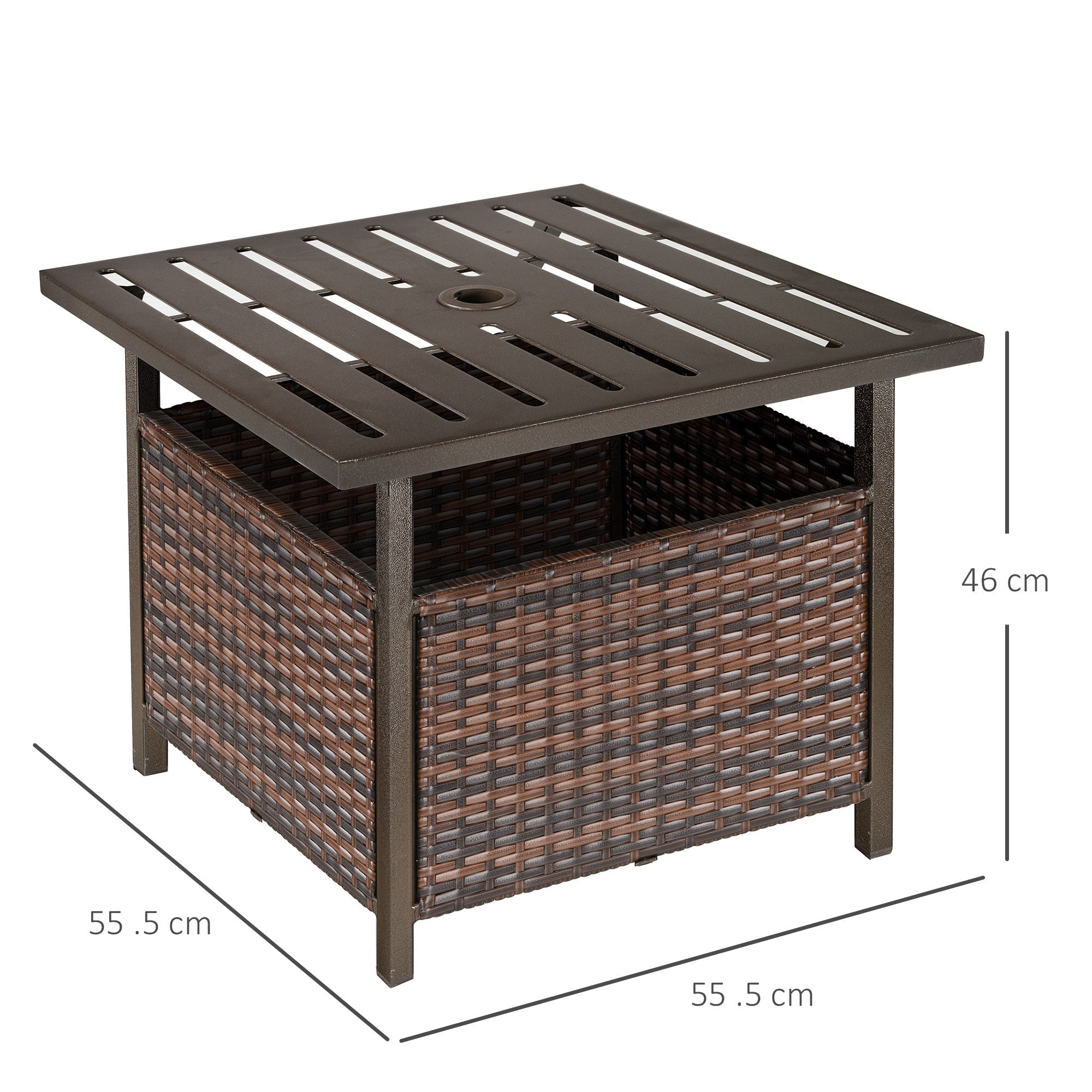 Brown outsunny outdoor rattan wicker patio coffee table with umbrella hole powder coated steel top and storage box
