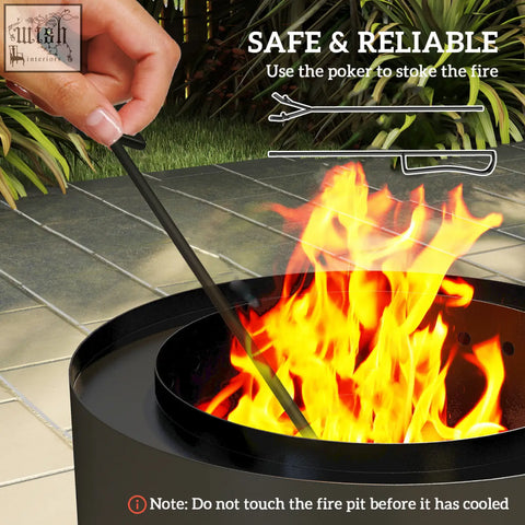 Black metal fire poker with handle and pointed end for safely stoking fires in outsunny outdoor fire pit with pull-out ash tray