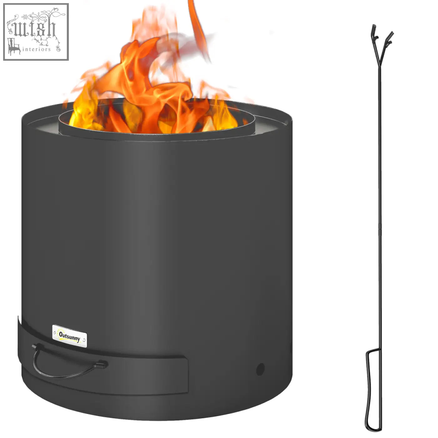 Outsunny outdoor round black fire pit with flame, pull-out ash tray, and metal fire poker tool beside it