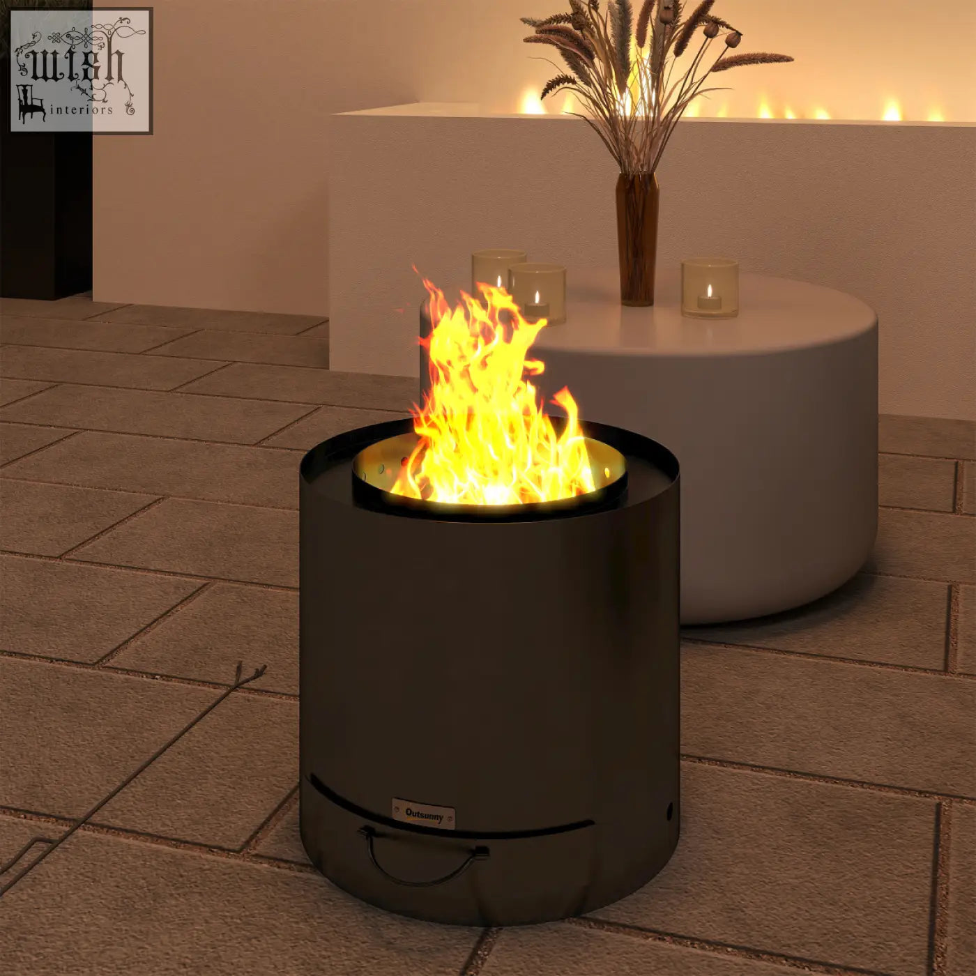Outsunny outdoor round black fire pit with burning flame and convenient pull-out ash tray and fire poker included