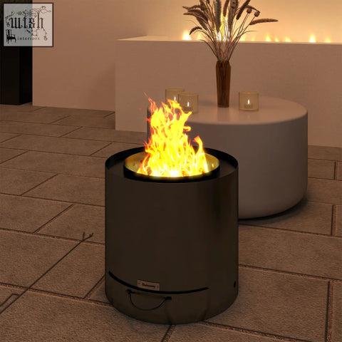 Outsunny outdoor round black fire pit with burning flame and convenient pull-out ash tray and fire poker included