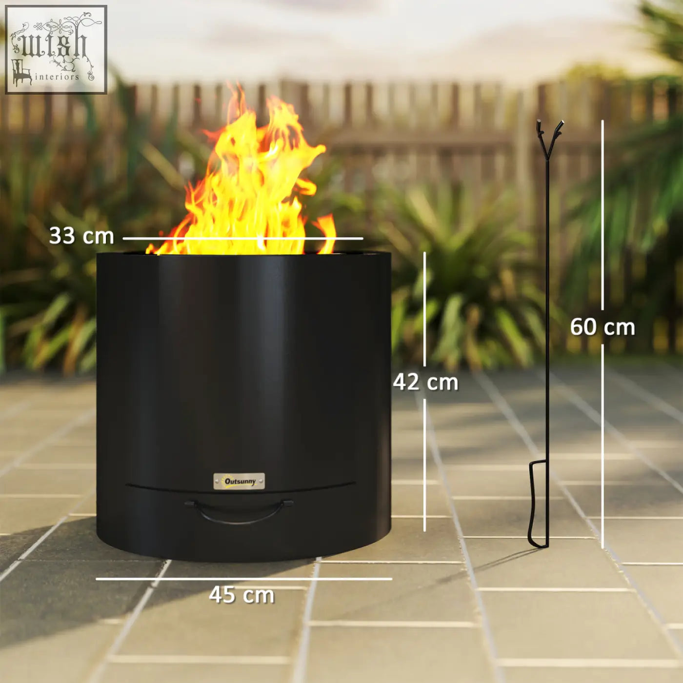 Outsunny outdoor black round fire pit with pull-out ash tray and handle measures 33 cm wide 42 cm tall 45 cm deep