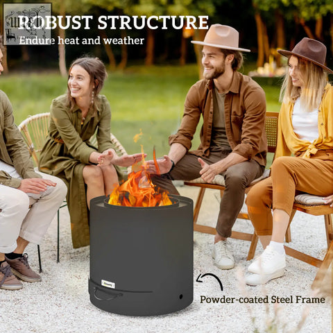 Outsunny outdoor round fire pit in black powder-coated steel with sturdy design and pull-out ash tray for easy cleaning