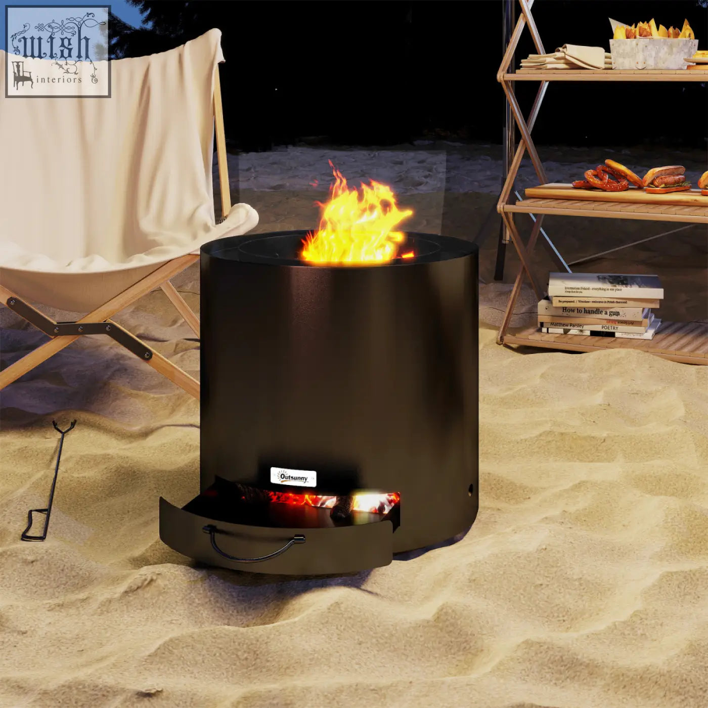 Outsunny outdoor round black fire pit with pull-out ash tray and fire poker showing visible flames inside