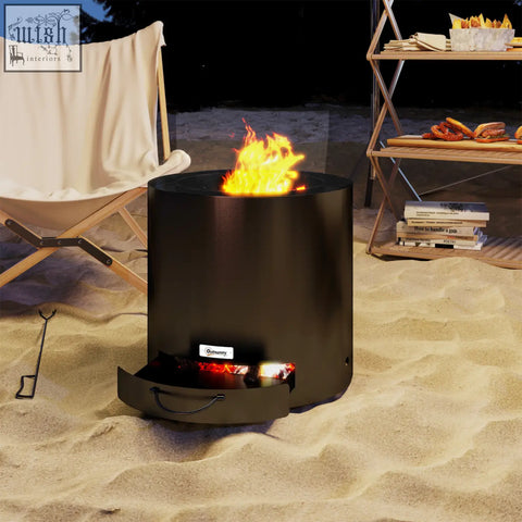 Outsunny outdoor round black fire pit with pull-out ash tray and fire poker showing visible flames inside