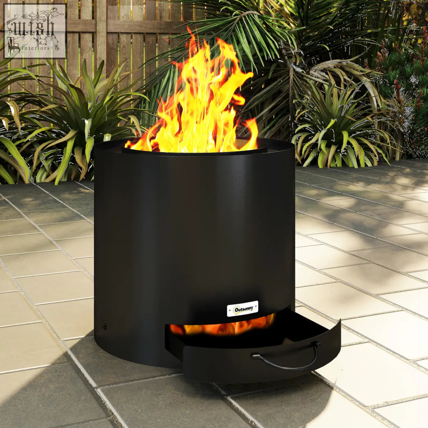 Outsunny outdoor round black fire pit with flames and pull-out ash tray for easy cleaning and fire poker included