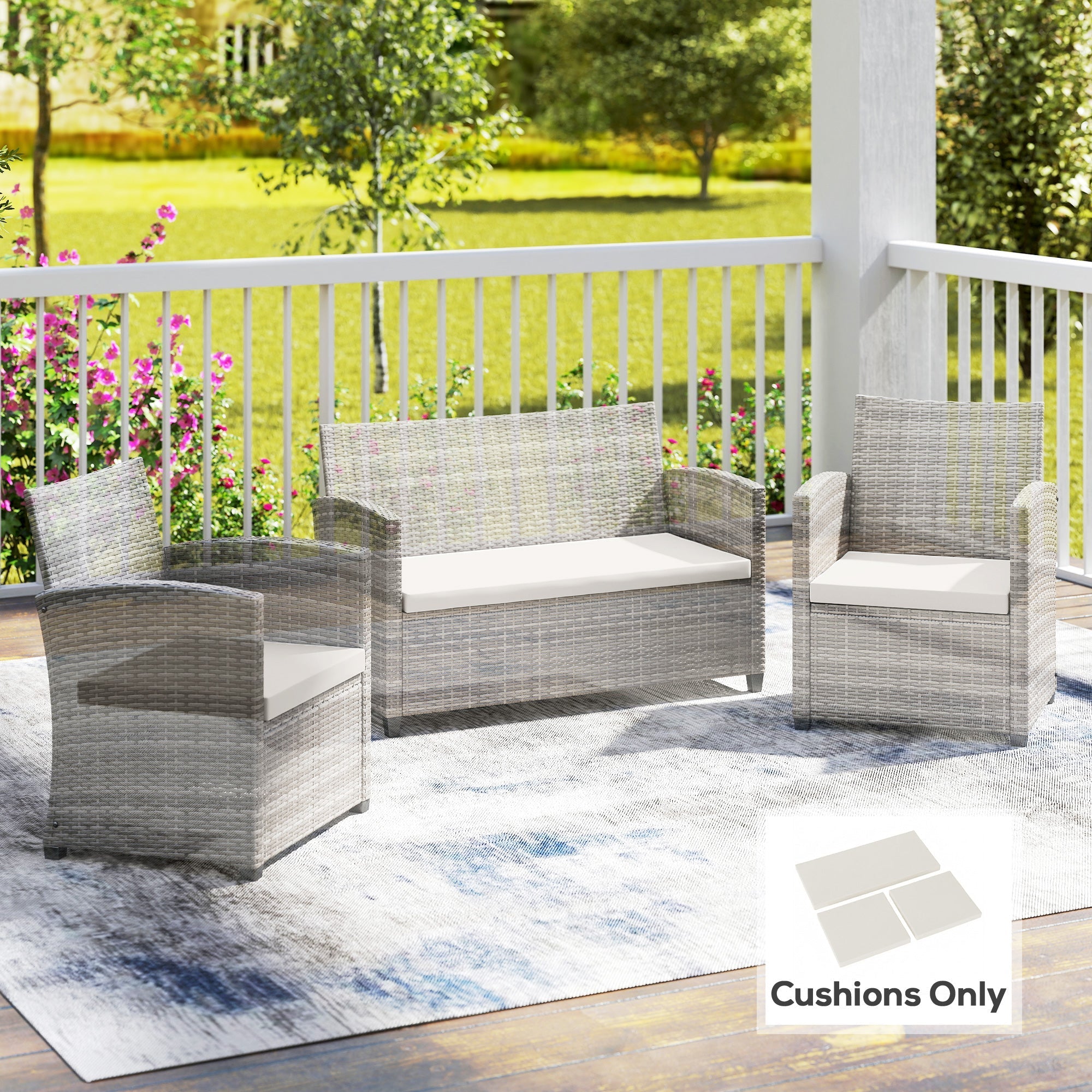Gray woven wicker outdoor sofa set with cream white seat cushions for rattan furniture by Outsunny
