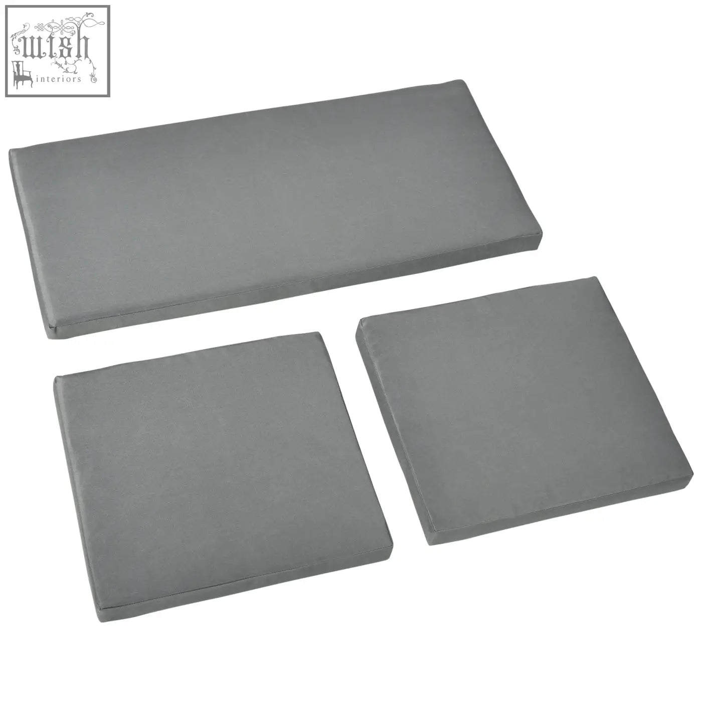 Set of three dark grey plush fabric seat cushions perfect for rattan garden furniture or single and double seats