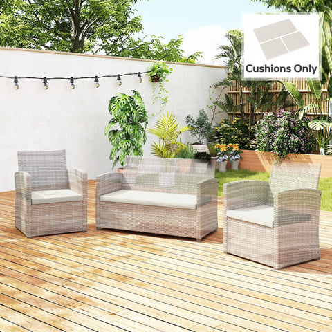 Beige woven wicker outdoor sofa set with cream seat cushion pads for rattan furniture including double and single seats