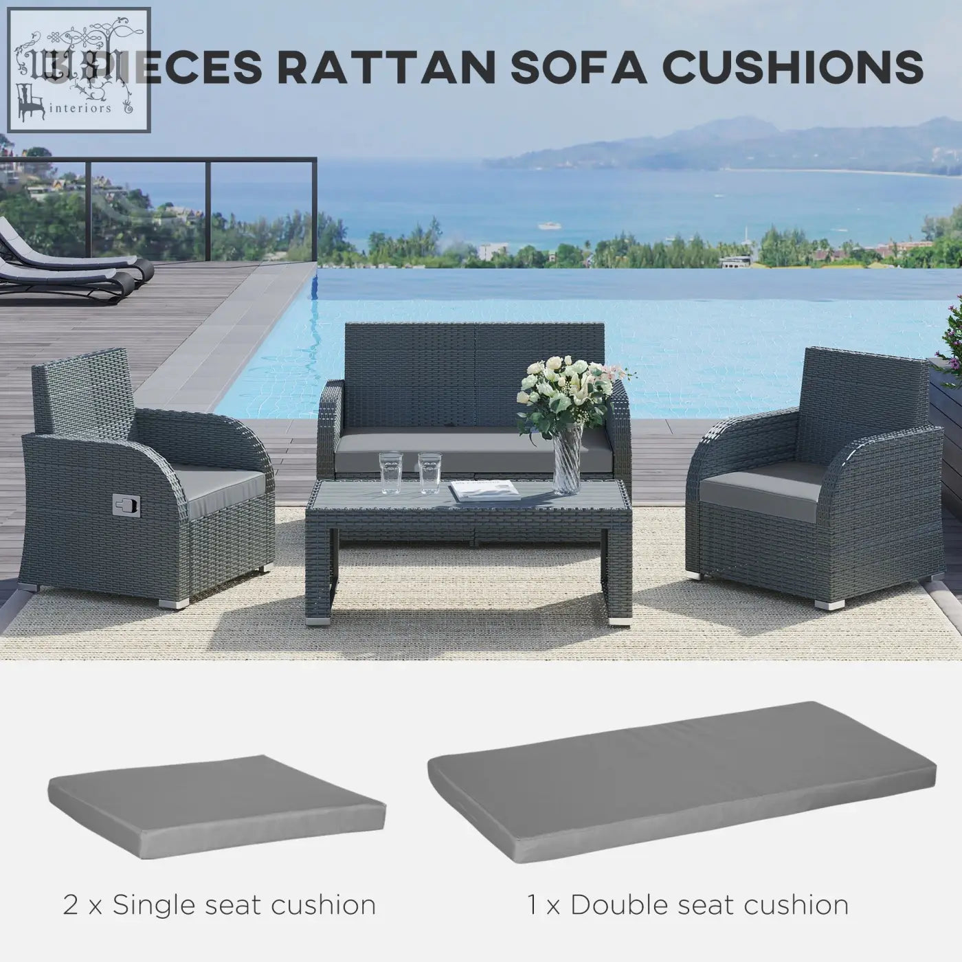Set of three dark grey rattan seat cushions for outdoor patio furniture by Outsunny perfect for single or double seats