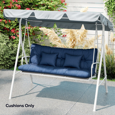 Navy blue cushioned outdoor seat swing with gray canopy and white metal frame 150l x 50w dark blue pillows