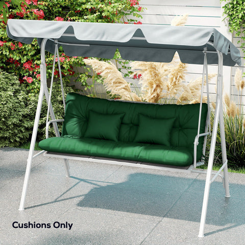Green cushioned outdoor swing set with gray canopy featuring outsunny outdoor seat cushions 150l x 50w for 3-seater chair