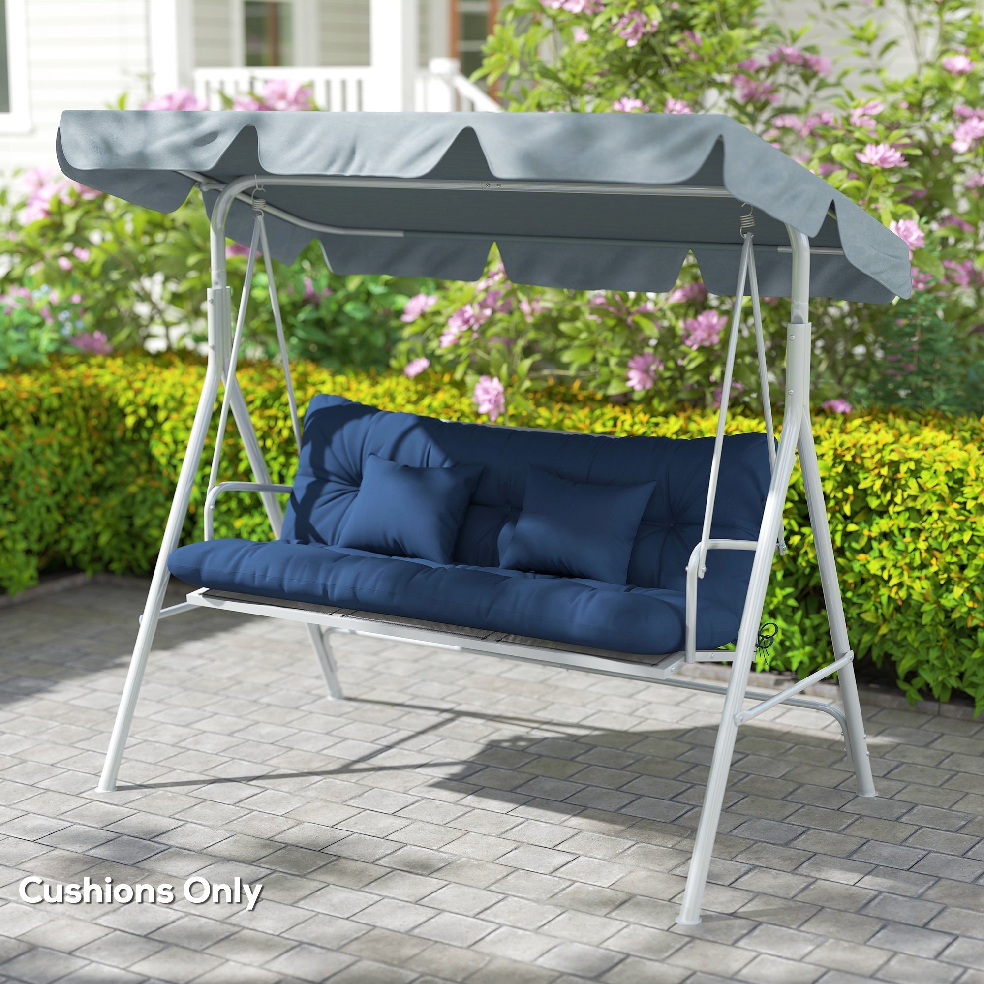 Blue cushioned outdoor seat with gray canopy and white frame featuring outsunny 150l x 50w back cushion and pillows