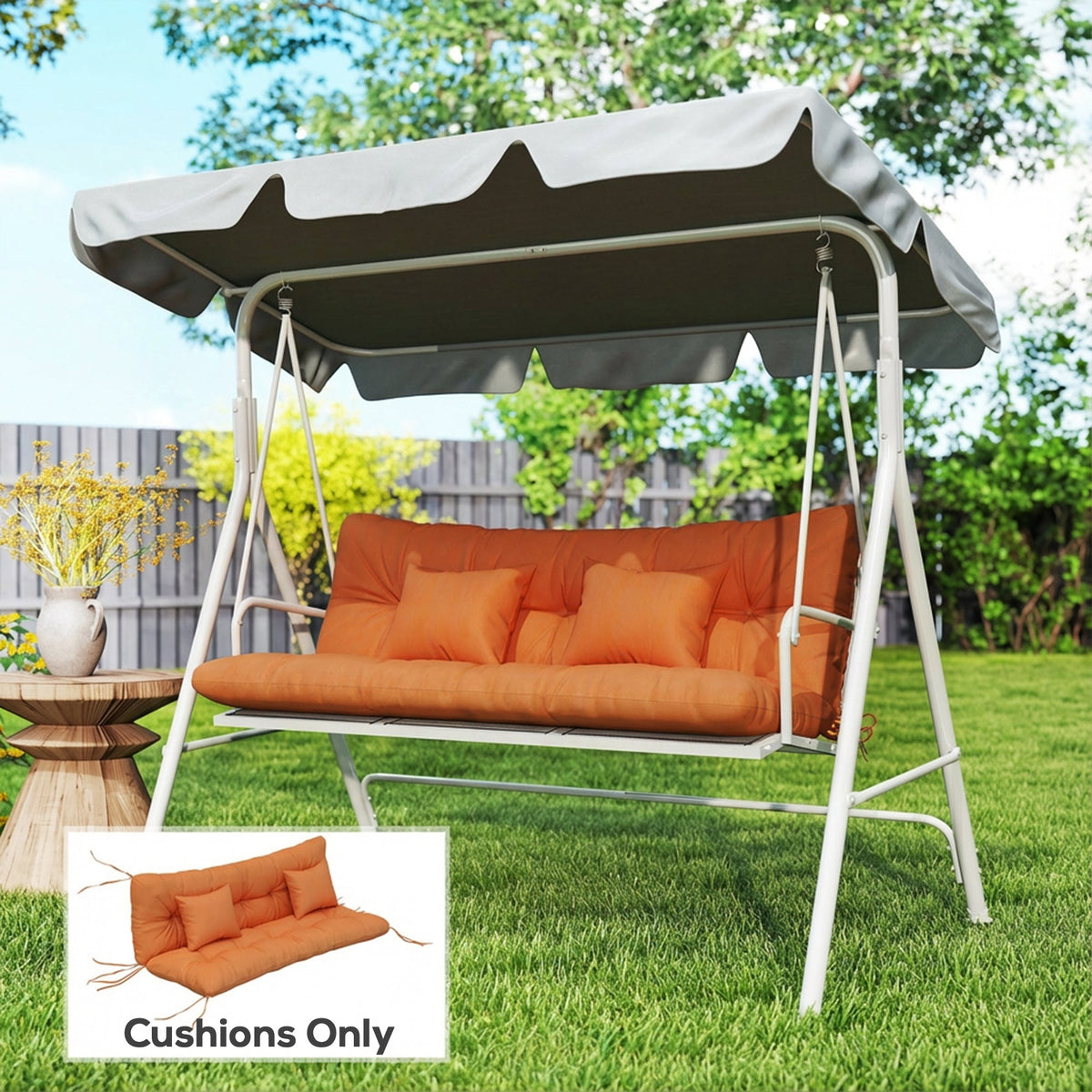 Orange cushioned outdoor seat with back cushion and 2 pillows on white metal frame gray canopy 150l x 50w cm