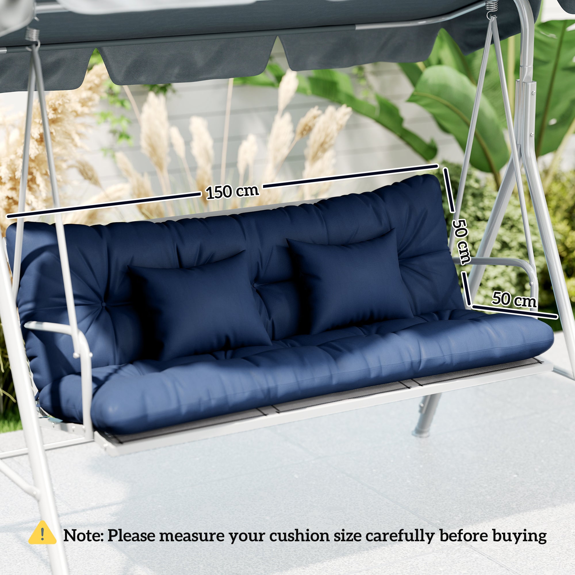 Navy blue cushioned outdoor seat with back cushion and 2 pillows on gray canopy frame 150l x 50w cm