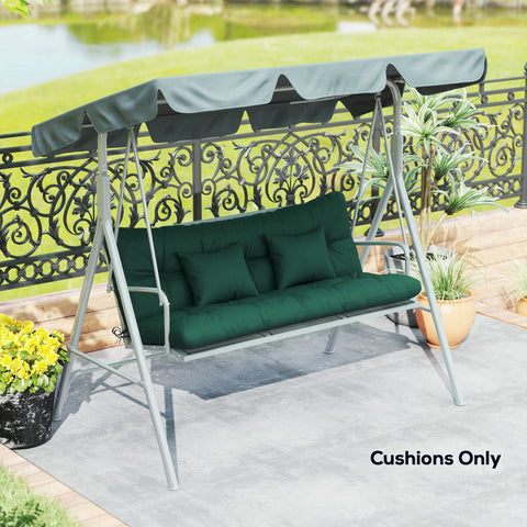 Dark green cushioned outdoor seat with matching canopy metal frame 150l x 50w perfect for 3-seater chair