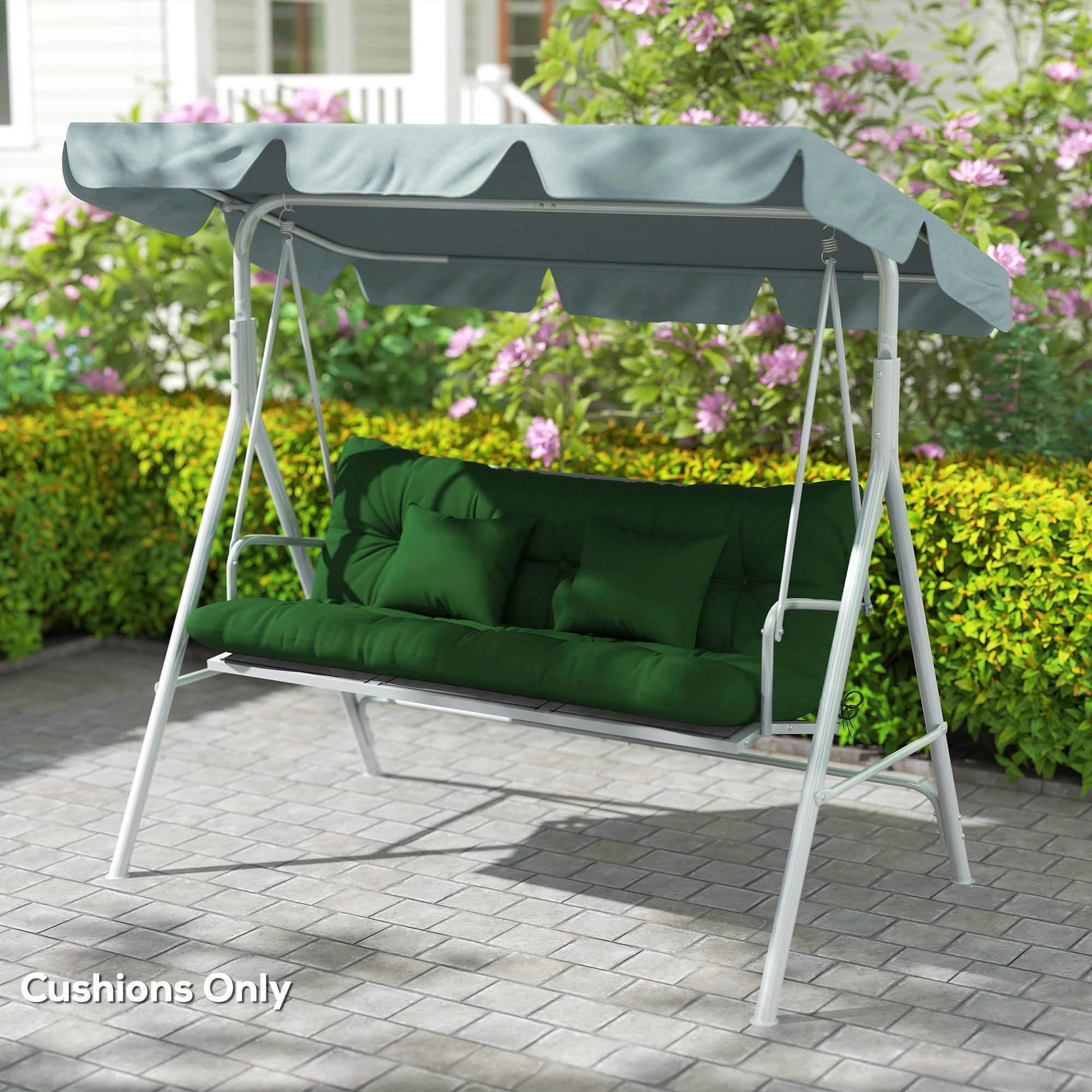 Green cushioned outdoor seat swing chair with gray canopy white metal frame and 150l x 50w cushions