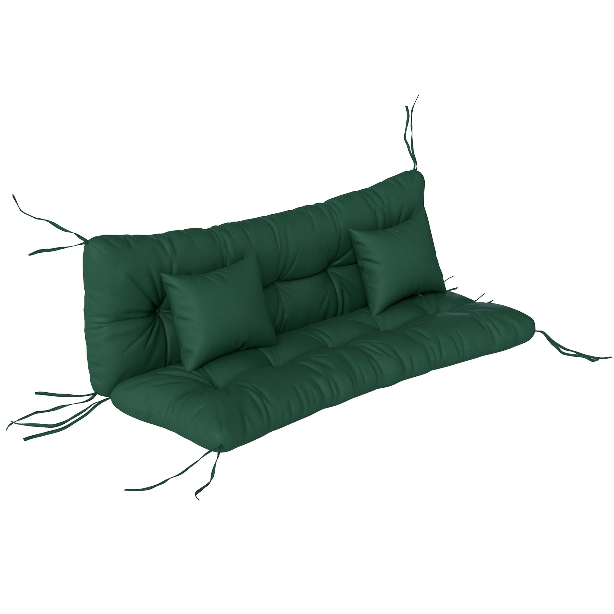 Dark green tufted outdoor seat cushions with 2 pillows and fabric ties for 3-seater chair 150l x 50w cm