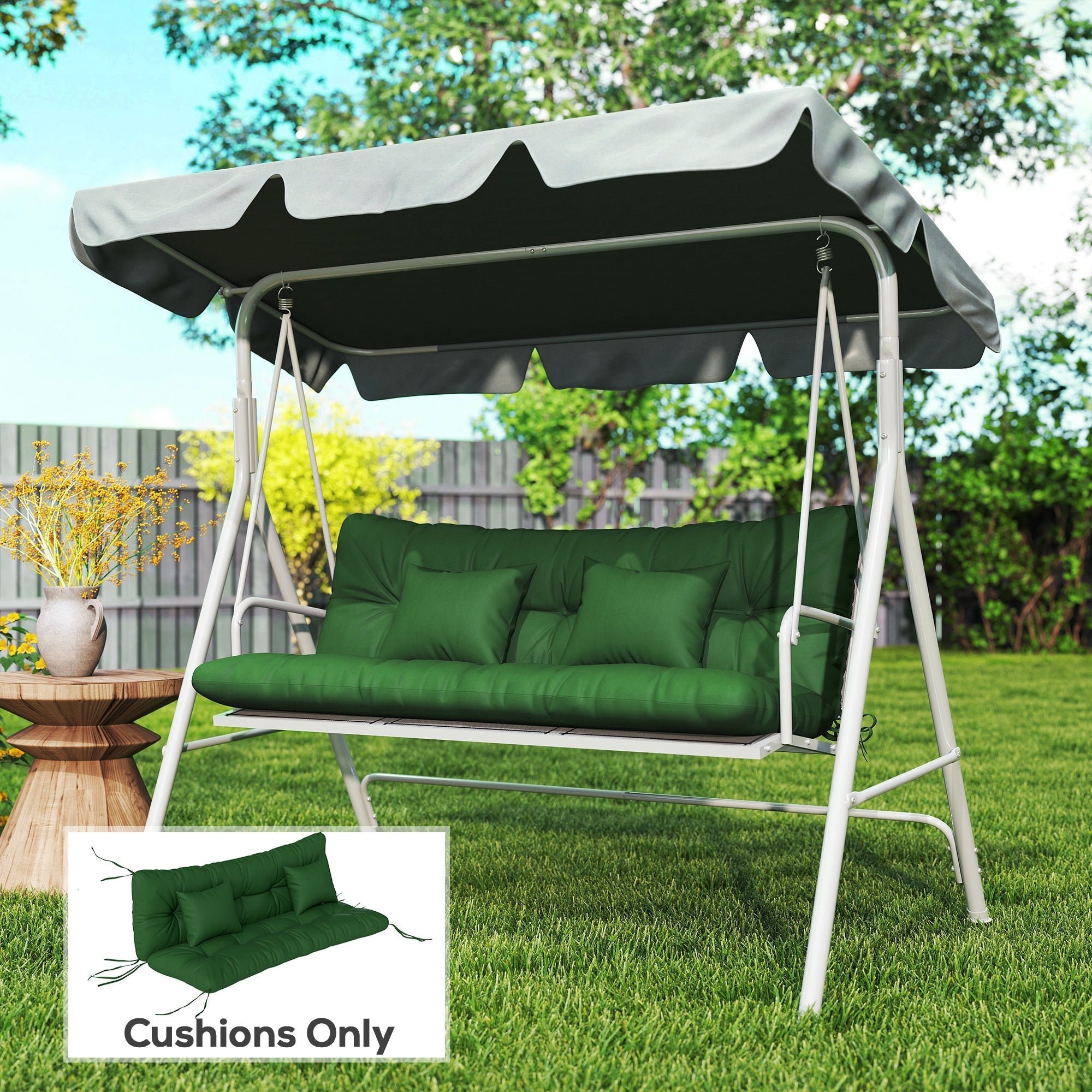 Green cushioned outdoor seat swing set with gray and black canopy featuring 150l x 50w water repellent pads