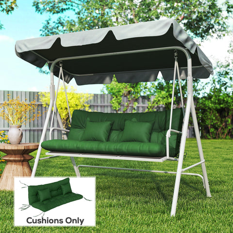 Green cushioned outdoor seat swing set with gray and black canopy featuring 150l x 50w water repellent pads