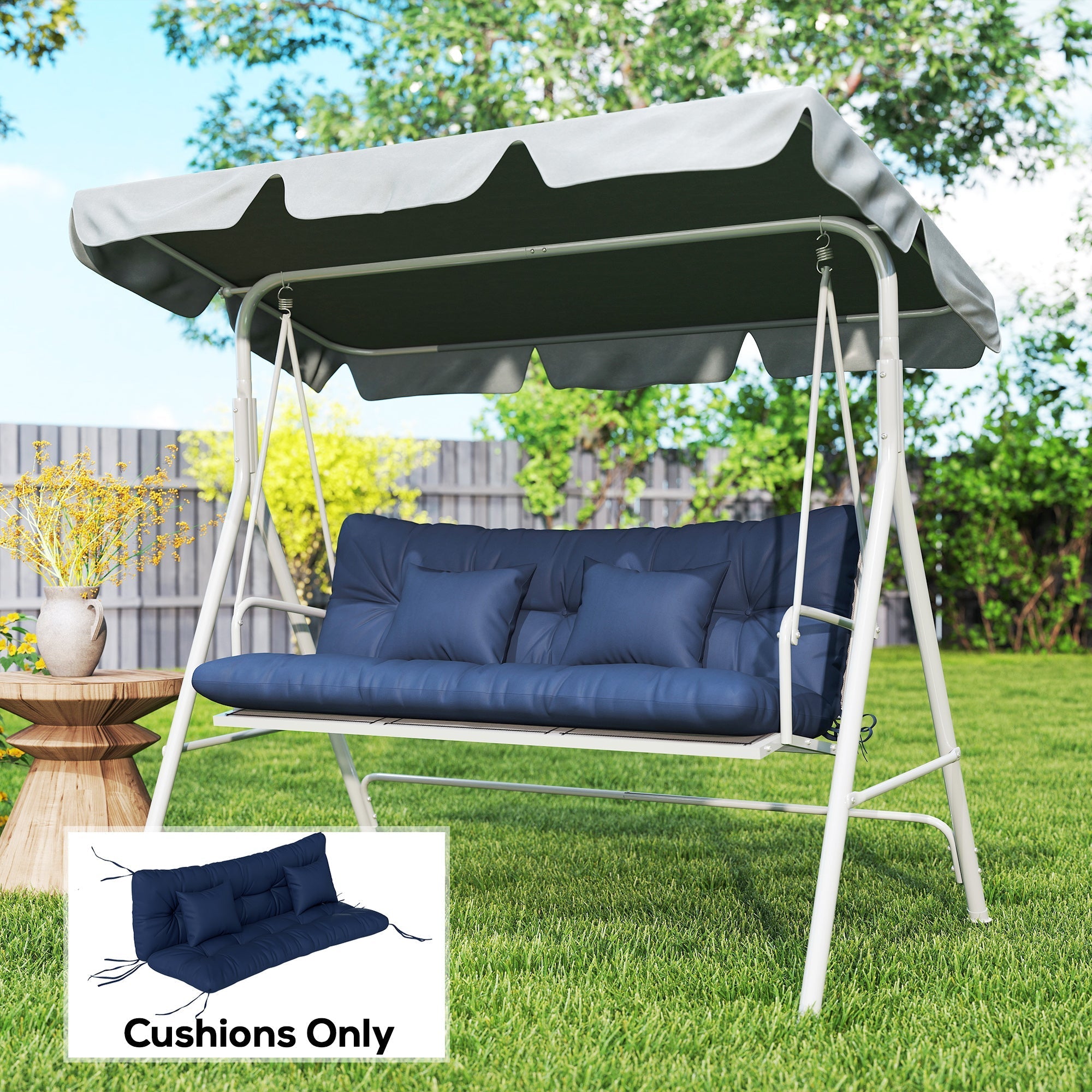 Outsunny outdoor seat cushions with blue cushioned swing set and gray canopy on white metal frame 150l x 50w