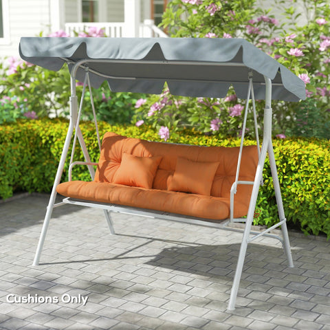 Orange cushioned outdoor seat with gray canopy and white metal frame for outsunny 150l x 50w 3-seater chair