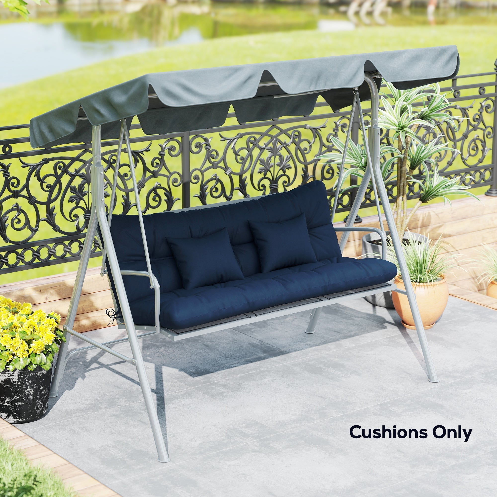 Navy blue cushioned swing seat with gray canopy and metal frame featuring outsunny outdoor seat cushions 150l x 50w