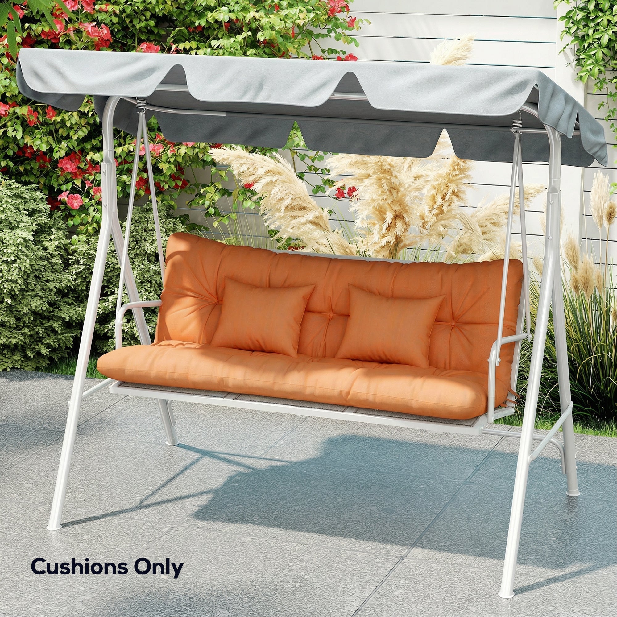 Orange tufted outdoor seat cushion set with back cushion and 2 pillows for 3-seater 150l x 50w swing chair