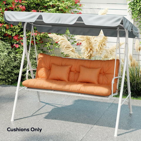 Orange tufted outdoor seat cushion set with back cushion and 2 pillows for 3-seater 150l x 50w swing chair