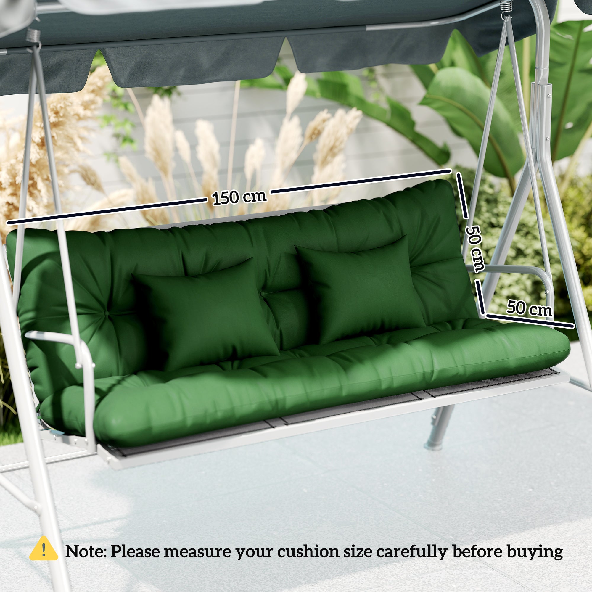 Deep green plush outdoor seat cushions with tufted design and matching pillows for 3-seater chair 150l x 50w cm
