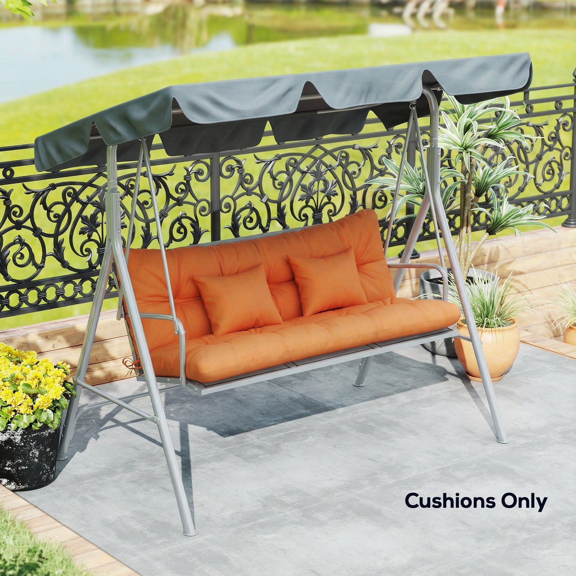 Orange cushioned outdoor seat swing with dark gray canopy metal frame and 150l x 50w seat cushions for 3-seater chair