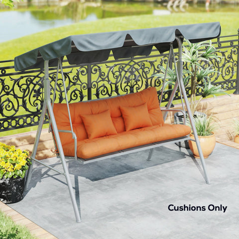 Orange cushioned outdoor seat swing with dark gray canopy metal frame and 150l x 50w seat cushions for 3-seater chair