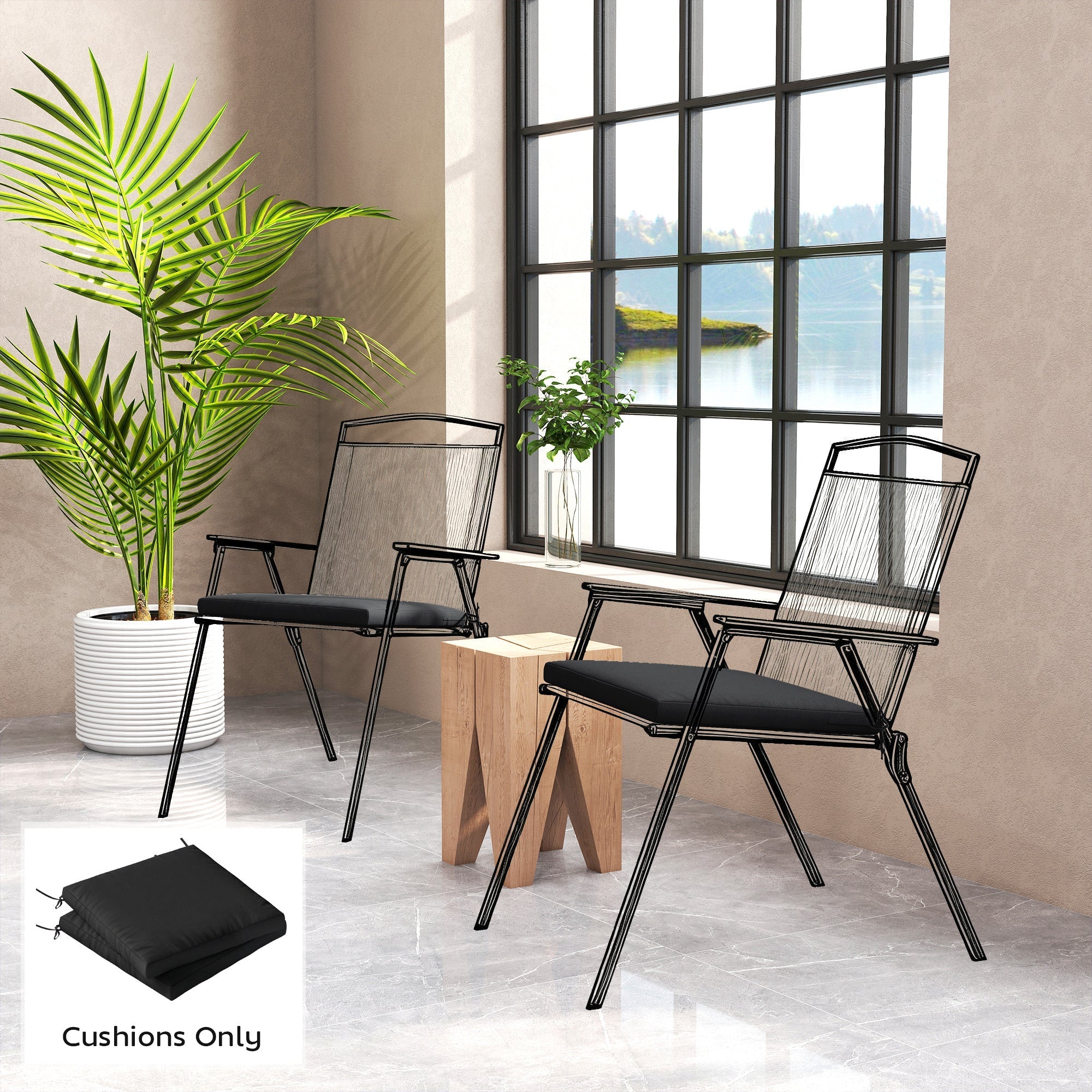 Black mesh outdoor chair with sleek metal frame and padded outdoor seat cushions from outsunny set of 2