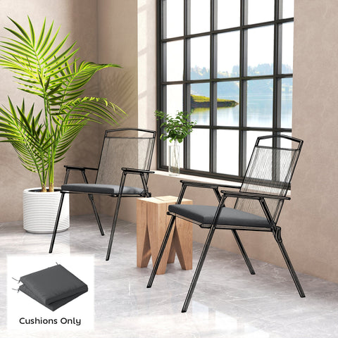 Black metal frame patio chairs with woven mesh backrests and dark grey outsunny outdoor seat cushions with ties