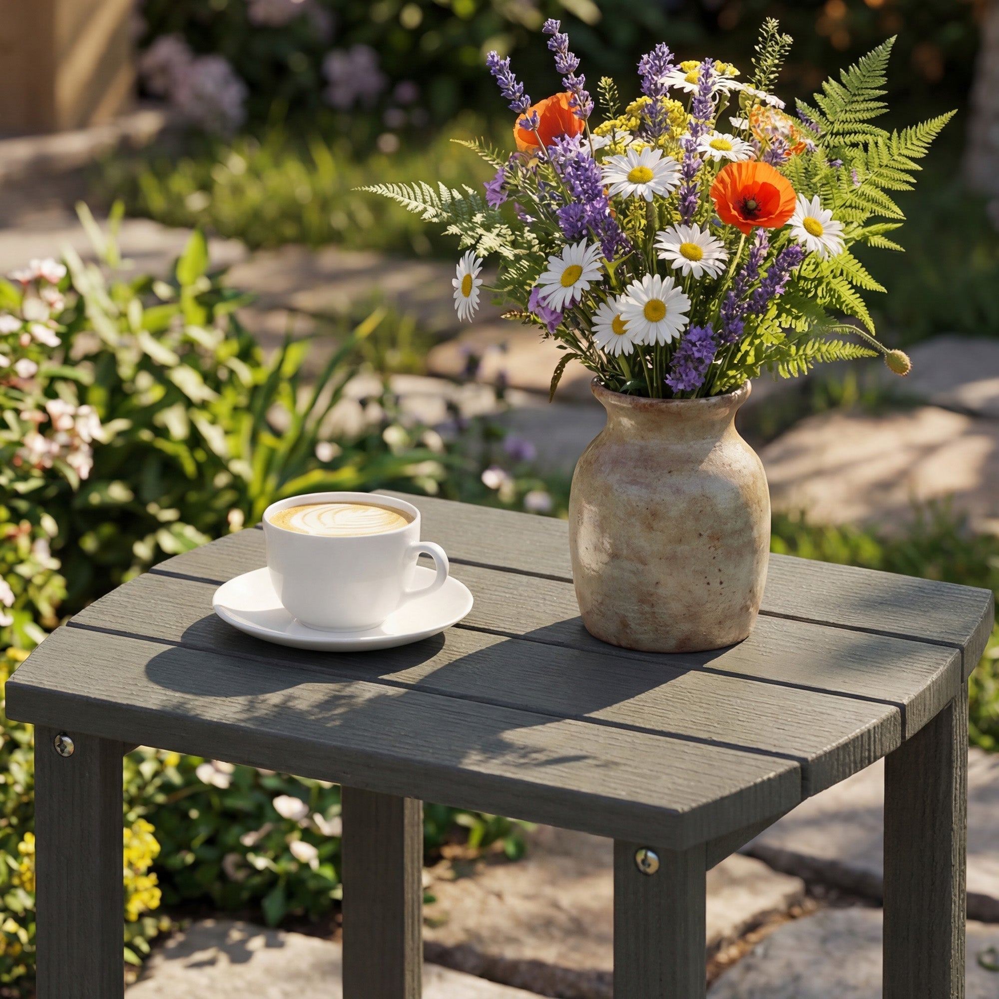 Outsunny grey all-weather garden table 48w x 37d with a rustic ceramic vase of wildflowers on top