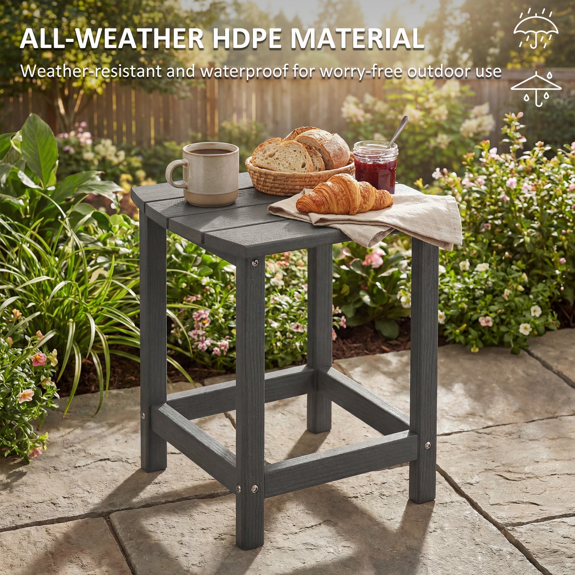 Dark gray all-weather hdpe outsunny garden table with slatted top and sturdy square legs 48w x 37d x 46h