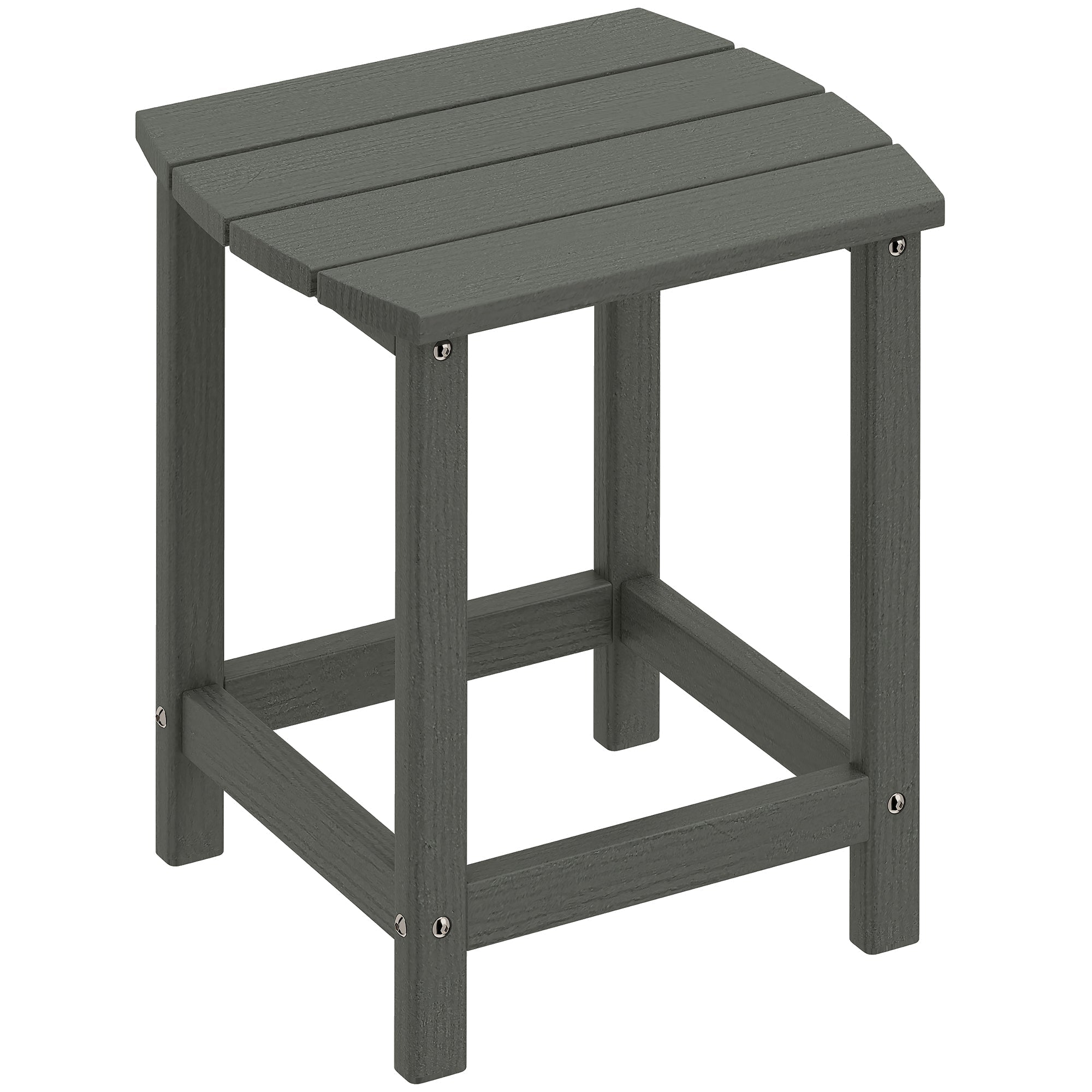 Dark gray plastic outdoor stool with slatted seat and square legs for garden table 48w x 37d use