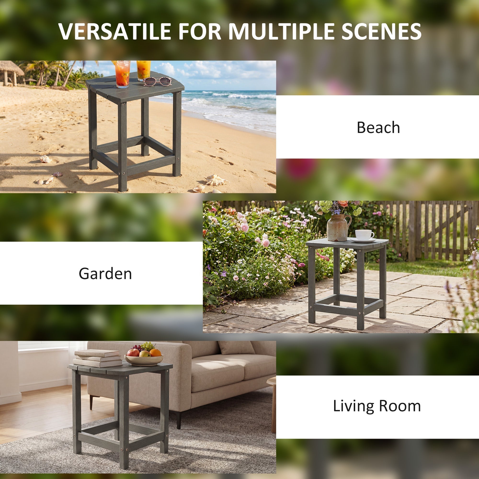 Gray wooden outsunny garden table with simple rectangular top and sturdy legs 48w x 37d perfect for indoor outdoor use