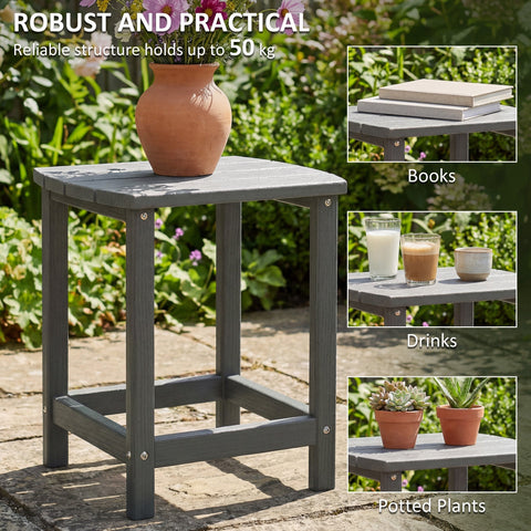 Gray wooden garden table with sturdy square design and visible screws for outdoor use 48w x 37d x 46h