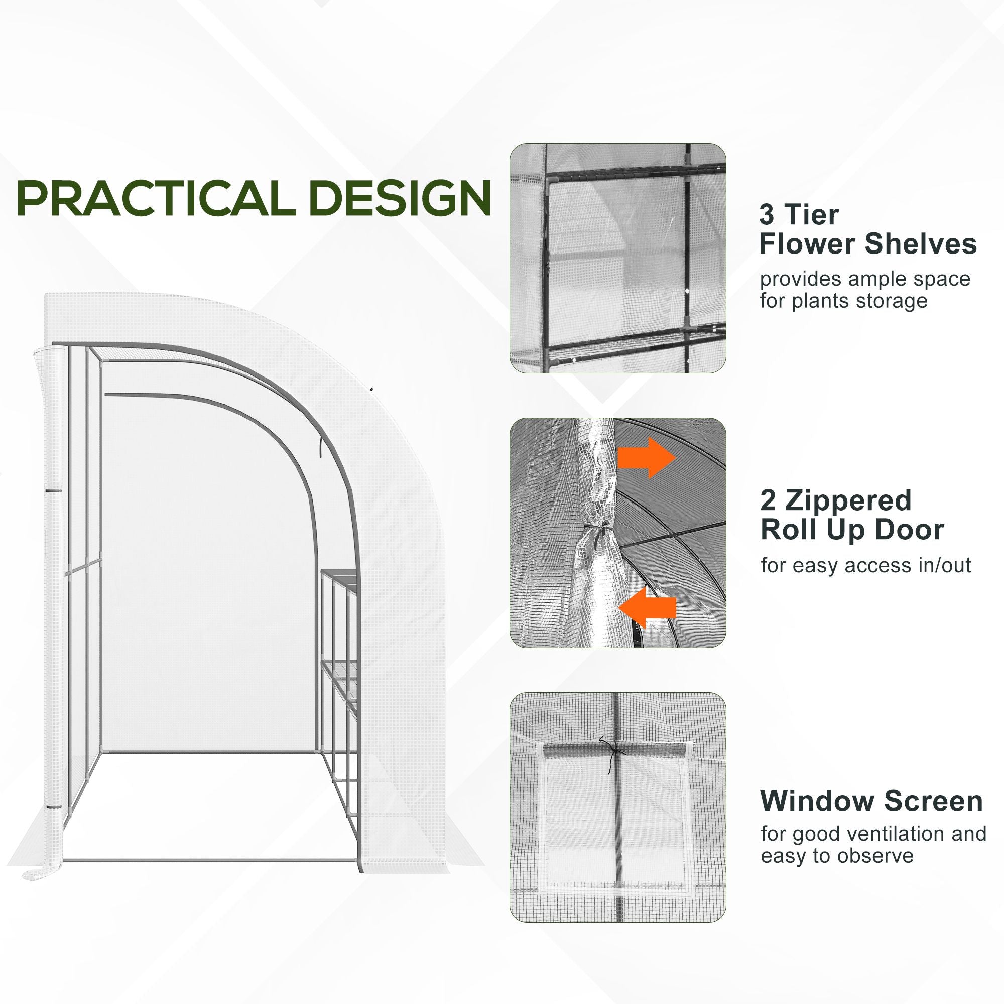 White outsunny outdoor walk-in greenhouse with zippered door, wire panel frame, and three-tier shelves for plant nursery use