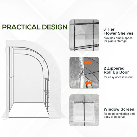 White outsunny outdoor walk-in greenhouse with zippered door, wire panel frame, and three-tier shelves for plant nursery use