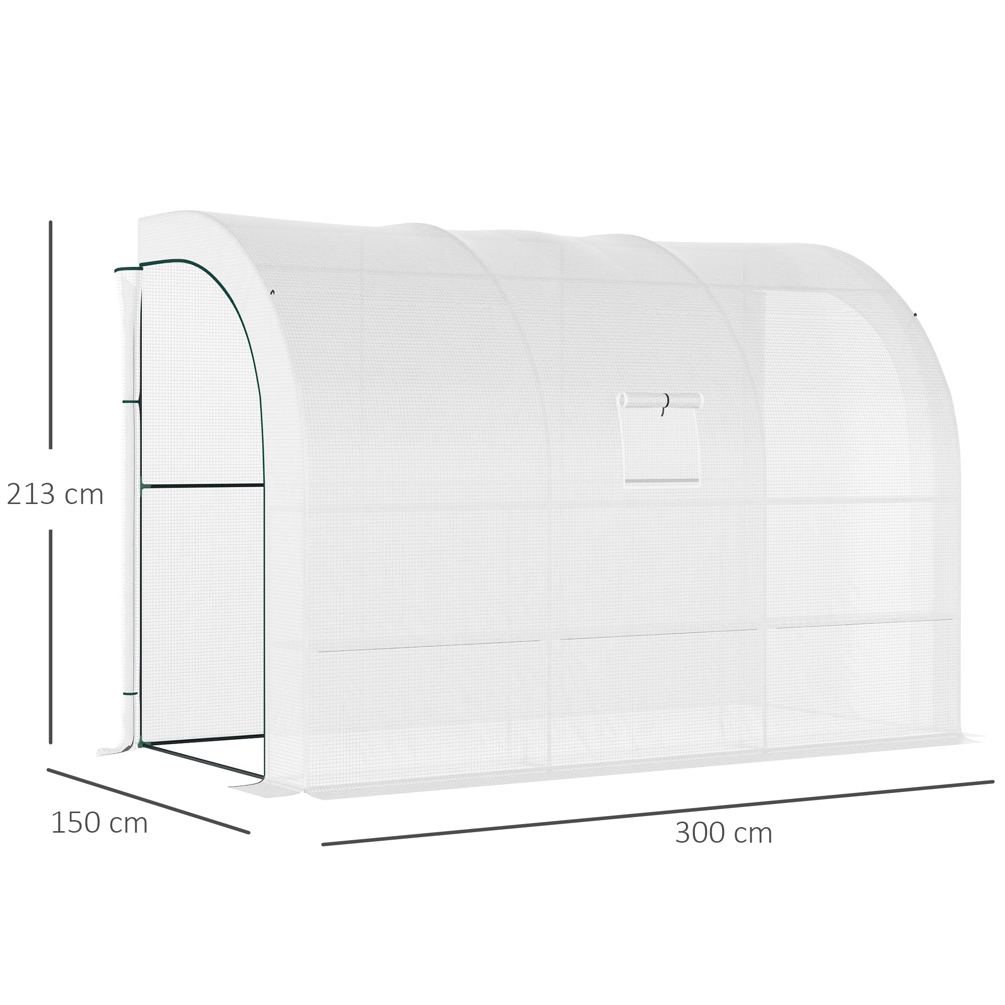 Outsunny outdoor walk-in greenhouse with white mesh cover, green metal frame, and wire panel plant nursery shelves