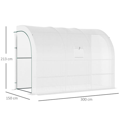 Outsunny outdoor walk-in greenhouse with white mesh cover, green metal frame, and wire panel plant nursery shelves