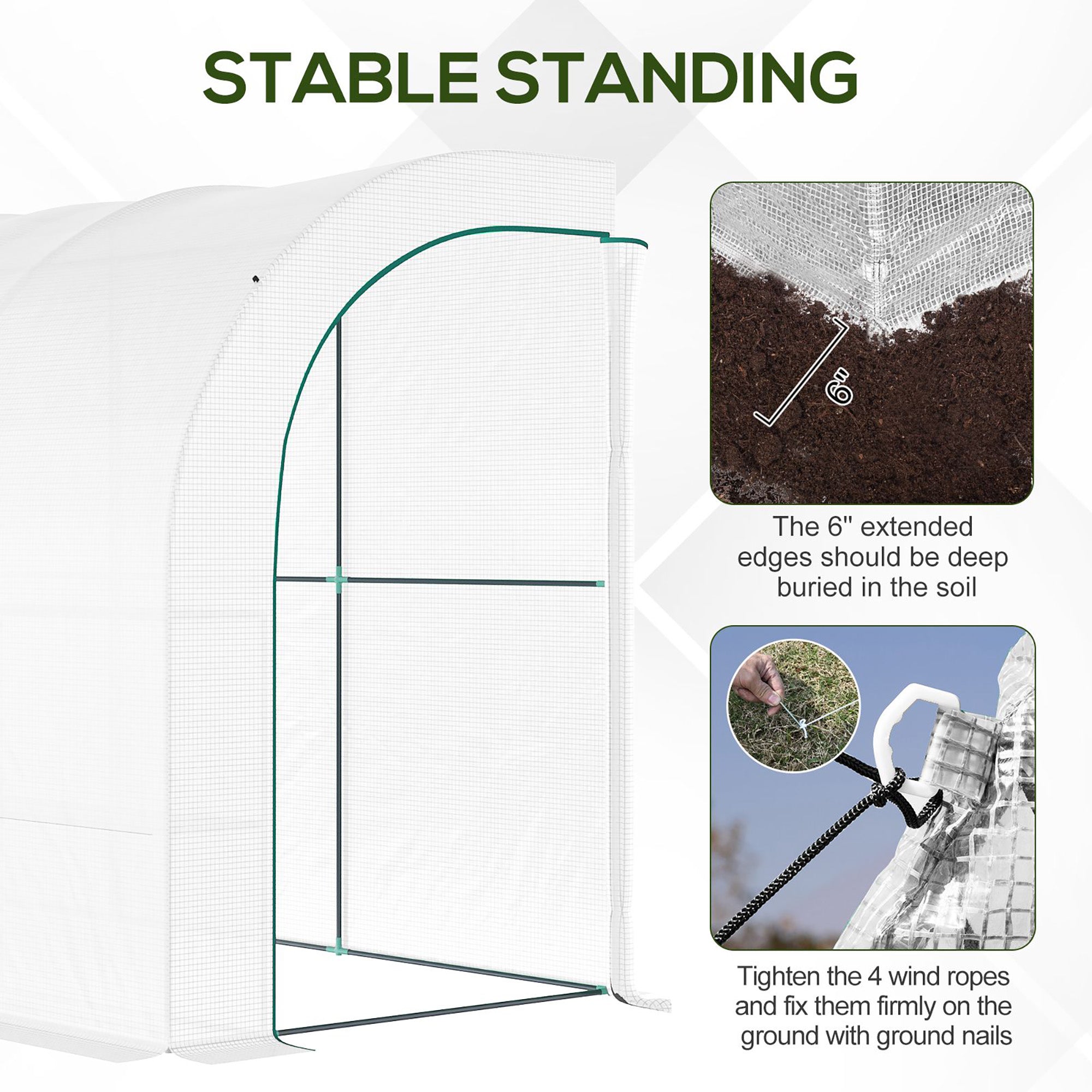 White outsunny outdoor walk-in greenhouse with green wire panel frame mesh sides and 3-tier shelves for plant nursery