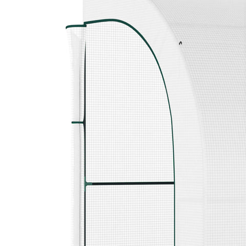 White outsunny outdoor walk-in greenhouse with green trim mesh wire panels and 3-tier shelves perfect for plant nursery