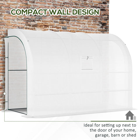 White Outsunny outdoor walk-in greenhouse with arched roof, transparent panel door, wire panel, and 3-tier shelves for plant nursery