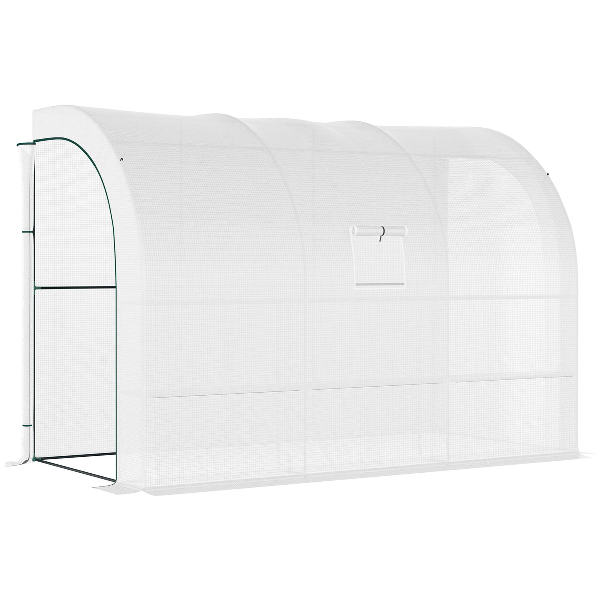 White arched outsunny outdoor plant nursery greenhouse with green metal frame wire panel and zippered doors