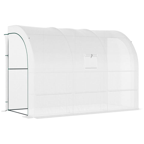 White arched outsunny outdoor plant nursery greenhouse with green metal frame wire panel and zippered doors