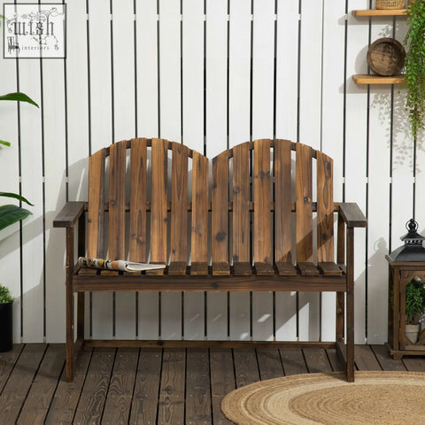 Dark brown solid fir wood adirondack bench with carbonised finish and slatted back perfect for yard or porch seating