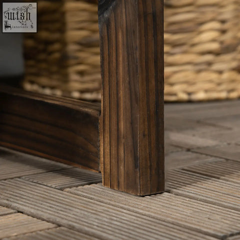 Dark brown solid fir wood table leg with vertical grooves and rustic carbonised finish on outsunny outdoor bench